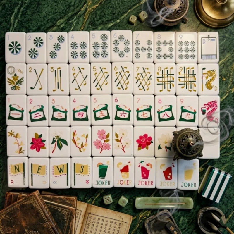 Golf themed American mahjong set with green striped tile backs